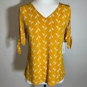 NWD Liz Claiborne Golden Leaf Print Short Sleeve V-Neck Blouse Womens Size XS